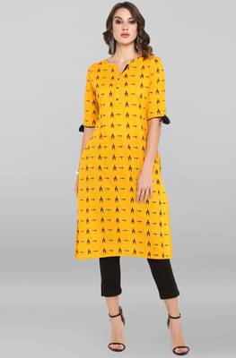 Janasya Mustard printed cotton ethnic kurtis 1