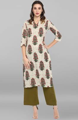 Janasya Cream printed cotton ethnic-kurtis 1