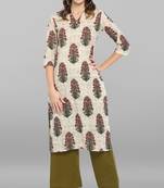 Janasya Cream printed cotton ethnic-kurtis