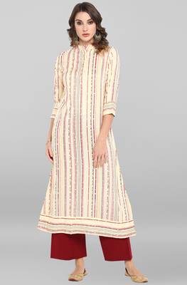 Janasya Cream printed cotton ethnic-kurtis 1