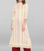 Janasya Cream printed cotton ethnic-kurtis