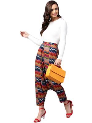 Women Navy Blue & Multi Rayon Zig-Zag Harem Pants 5