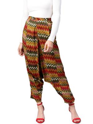 Women Olive Green & Multi Rayon Zig-Zag Harem Pants 1