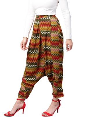 Women Olive Green & Multi Rayon Zig-Zag Harem Pants 3