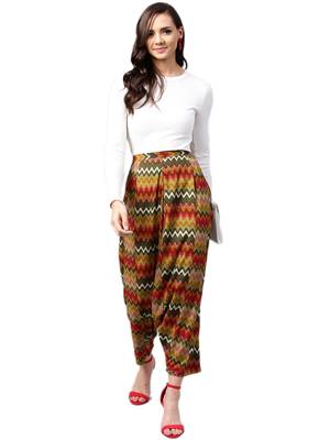 Women Olive Green & Multi Rayon Zig-Zag Harem Pants 5
