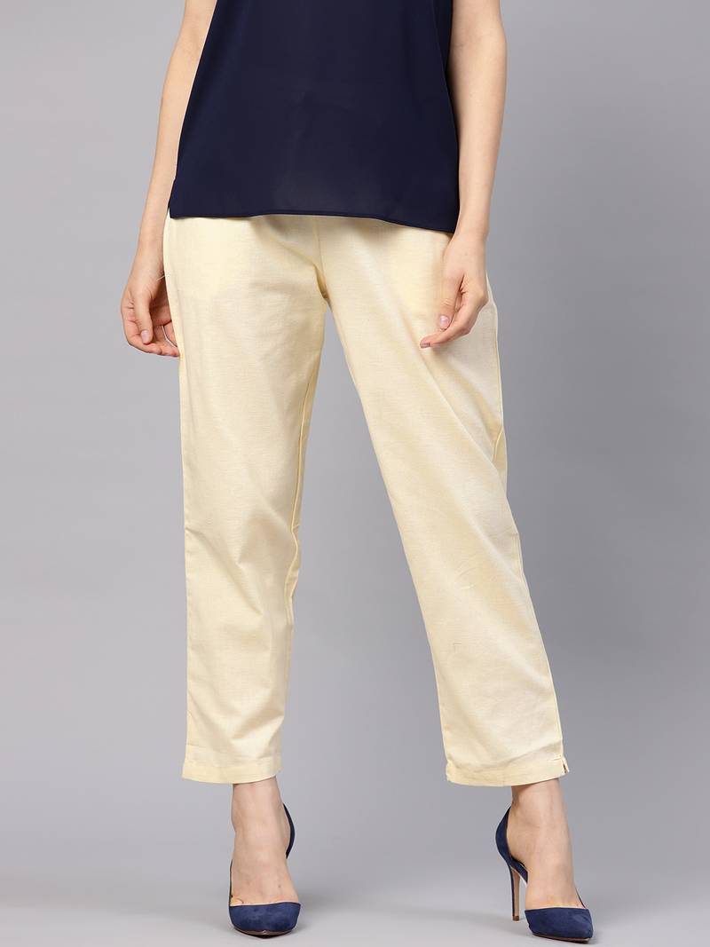 Cream Cotton Solid Trouser