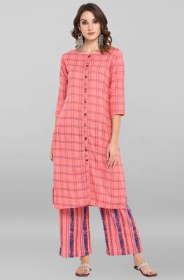 Janasya Pink printed cotton ethnic kurtis 1