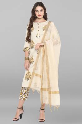 Janasya Cream printed cotton ethnic kurtis 1