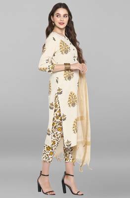 Janasya Cream printed cotton ethnic kurtis 4