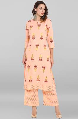 Janasya Peach printed cotton ethnic-kurtis 1