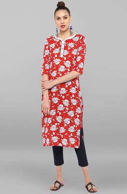 Janasya Red printed cotton ethnic-kurtis 1
