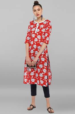 Janasya Red printed cotton ethnic-kurtis 2