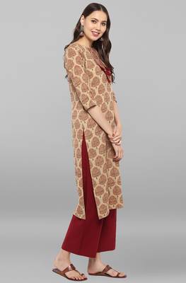 Janasya Beige printed cotton ethnic kurtis 4