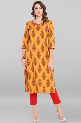 Janasya Orange printed cotton ethnic kurtis 1