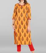 Janasya Orange printed cotton ethnic kurtis