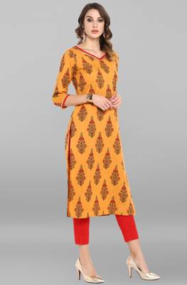 Janasya Orange printed cotton ethnic kurtis 4