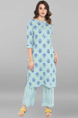 Janasya Sky-blue printed cotton ethnic-kurtis 1