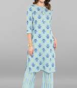 Janasya Sky-blue printed cotton ethnic-kurtis