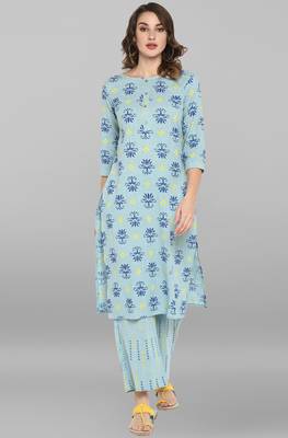 Janasya Sky-blue printed cotton ethnic-kurtis 2
