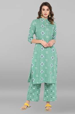 Janasya Sea-green printed cotton ethnic-kurtis 1