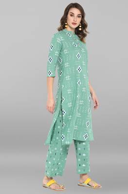 Janasya Sea-green printed cotton ethnic-kurtis 4