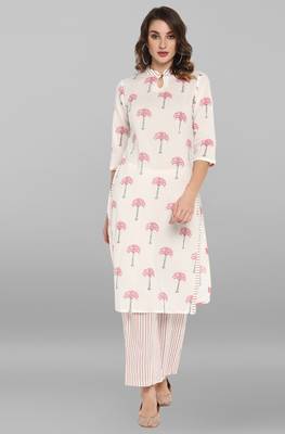 Janasya White printed cotton ethnic kurtis 1
