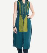 Teal embroidered viscose kurtas-and-kurtis