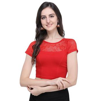 Janasya Women's  Red Cotton Lycra Stitch Blouse 1