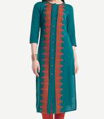 Teal embroidered viscose kurtas-and-kurtis