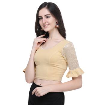 Janasya Women's  Beige Cotton Lycra Stitch Blouse 2