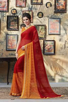 Red printed georgette saree with blouse 1