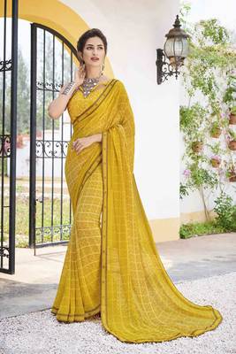 Yellow printed georgette saree with blouse 1