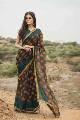 Green printed georgette saree with blouse 1