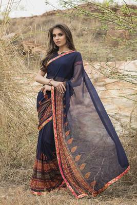 blue printed georgette saree with blouse 1