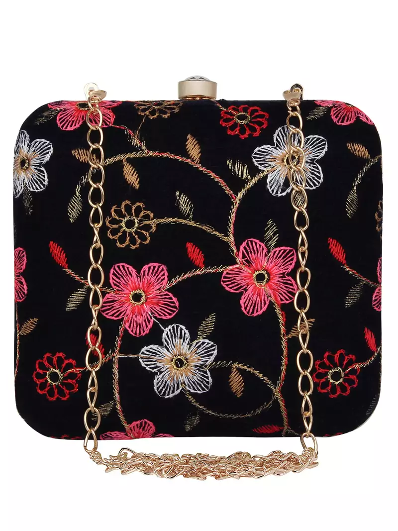 Anekaant Vista Embroidered Velvet Clutch Navy Blue