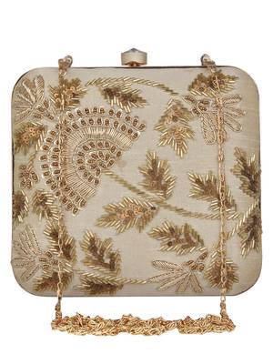 Anekaant Vista Embellished Faux Silk Box Clutch Beige 1