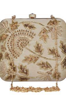 Anekaant Vista Embellished Faux Silk Box Clutch Beige
