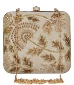 Anekaant Vista Embellished Faux Silk Box Clutch Beige
