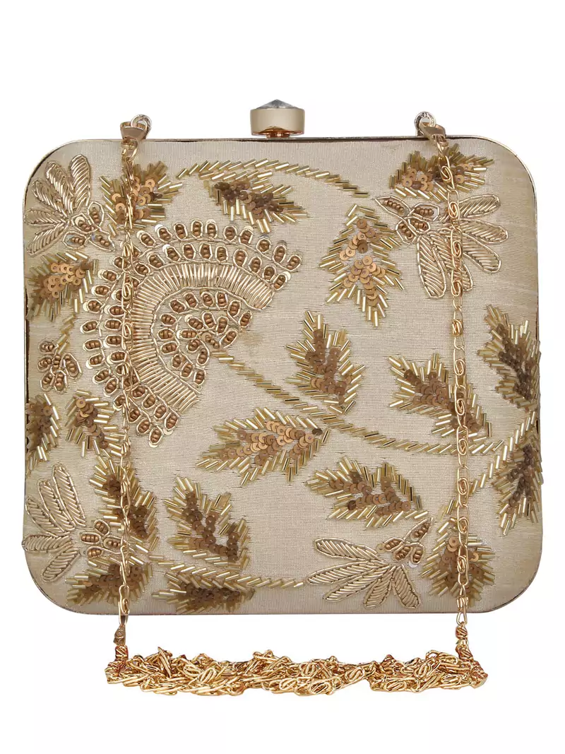 Anekaant Vista Embellished Faux Silk Box Clutch Beige