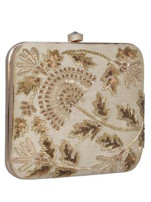 Anekaant Vista Embellished Faux Silk Box Clutch Beige 2