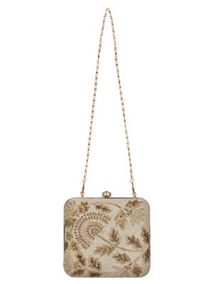 Anekaant Vista Embellished Faux Silk Box Clutch Beige 4
