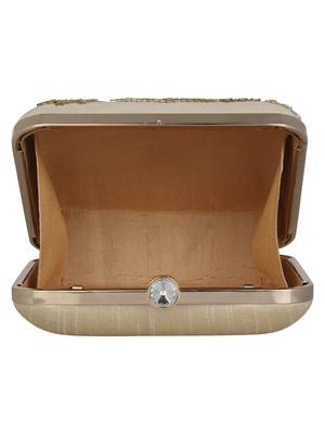 Anekaant Vista Embellished Faux Silk Box Clutch Beige 5