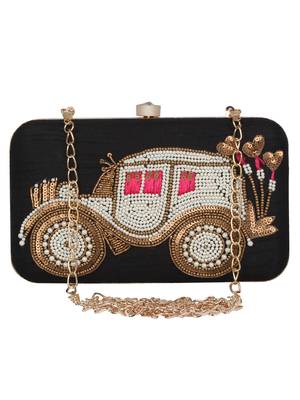 Anekaant Spiffy Embroidered Faux Silk Box Clutch Black 1