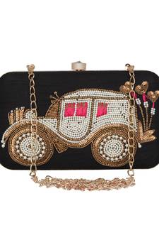 Anekaant Spiffy Embroidered Faux Silk Box Clutch Black