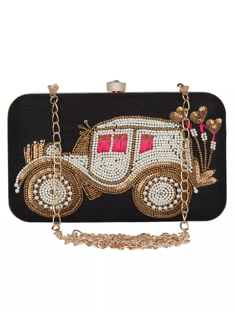 Anekaant Spiffy Embroidered Faux Silk Box Clutch Black