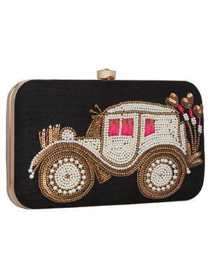 Anekaant Spiffy Embroidered Faux Silk Box Clutch Black 2