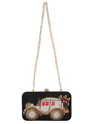 Anekaant Spiffy Embroidered Faux Silk Box Clutch Black 4