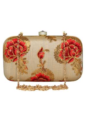 Anekaant Tulle Embroidered Faux Silk Box Clutch Beige 1