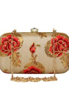 Anekaant Tulle Embroidered Faux Silk Box Clutch Beige