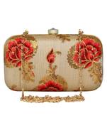 Anekaant Tulle Embroidered Faux Silk Box Clutch Beige